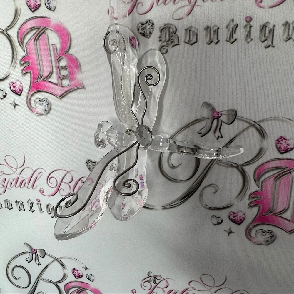 Dragonfly ornament sun catcher clear lucid silver rhinestone crystal bling luxe
